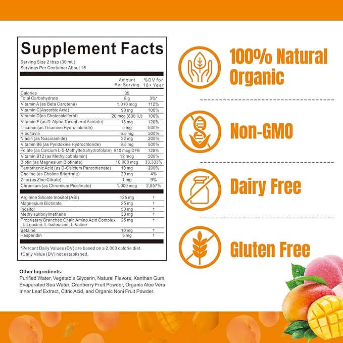 Liquid Multivitamin for Hair Growth &amp Hair Formula Bundle | Healthy Hair Habits | Clinically Tested for Thicker Hair &amp Skin Elasticity for Women | Peach Mango Flavor &amp Blueberry Pomegranat