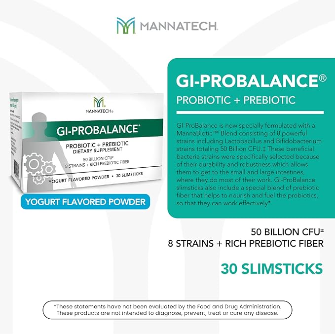 Mannatech Prebiotics and Probiotics 30 Slimsticks Yogurt Flavor GI-ProBalance w/MannaBiotic Blend Pre and Probiotics Powder for Gut Health w/ 8 Strains Rich Prebiotic Fiber &amp 50 Billion CFU
