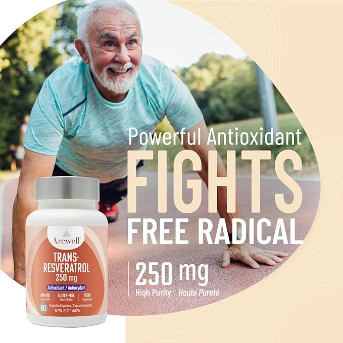 Arcwell Ultra Pure &gt99% Trans-Resveratrol 250 mg per Capsule - 60 Vegetable Capsules | High Potency Antioxidant | Highly Bioavailable