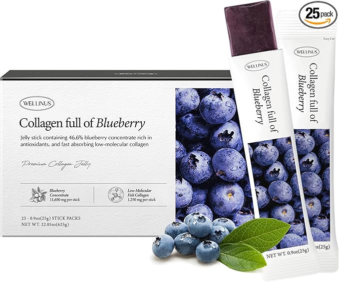 Korean Collagen Jelly Sticks - 25 Blueberry Flavored Marine Collagen Peptide Snacks for Anti-Aging- Collagen Protein Sugar-Free Travel Packs for Hair &amp Nail Strength