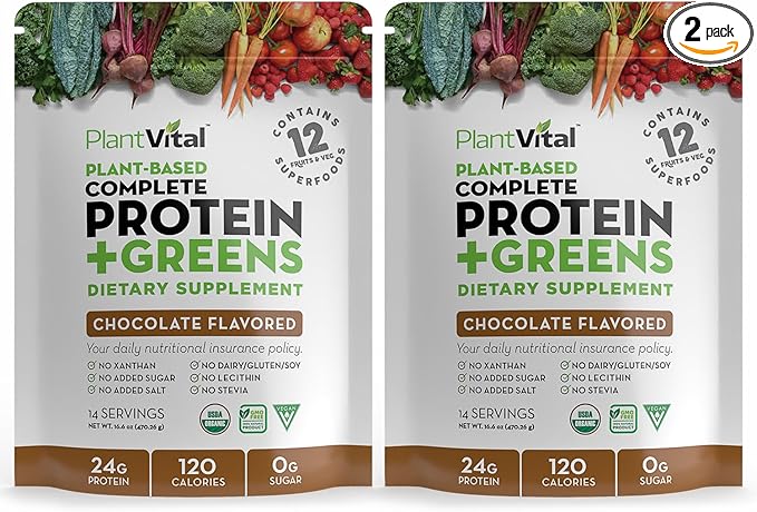 Plantvital Vegan Protein Powder Plant Based Organic Protein Powder Chocolate 24g/0g Sugar 12 Superfoods Veggies Probiotics Raw Cocoa Kale Beets Spirulina Pea Gluten-Free Keto-Friendly32oz
