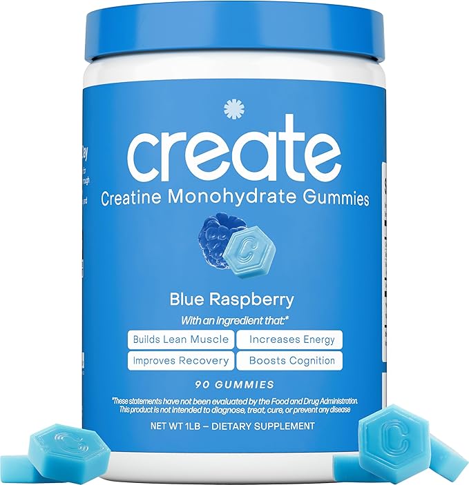 Create Creatine Monohydrate Gummies for Men &amp Women Boost Focus Strength and Endurance Anti-Melting Formula Vegan Gluten-Free Non-GMO 1.5g of Creatine per Gummy (Blue Raspberry)