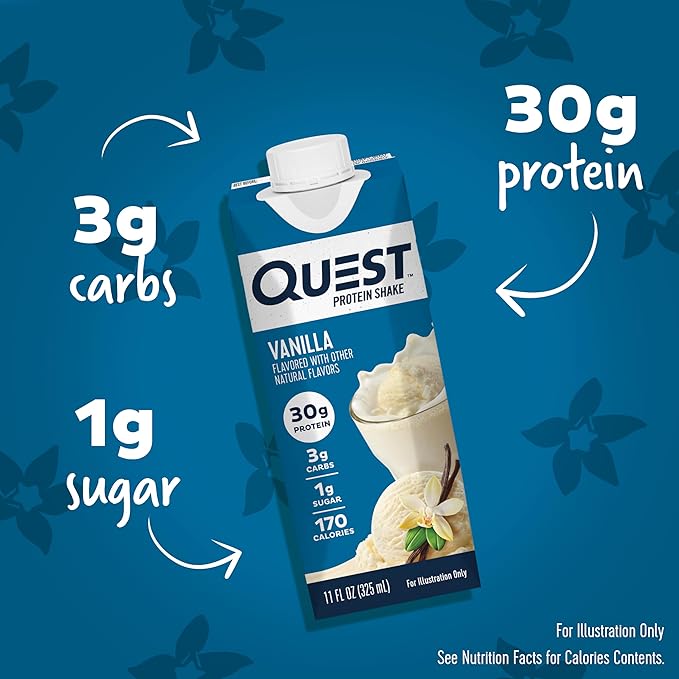 Quest Protein Shake Vanilla 11 Fl Oz 4 Count Pack of 3 and Protein Chips Chili Lime Nacho Cheese Loaded Taco Variety Pack