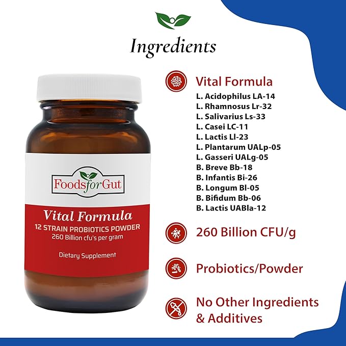 Foods For Gut Vital Formula 12 Strain Probiotics Powder 260 Billion CFU | Made in USA | Digestive &amp Immune Support | High Potency | 30 Grams (1.05 Oz)