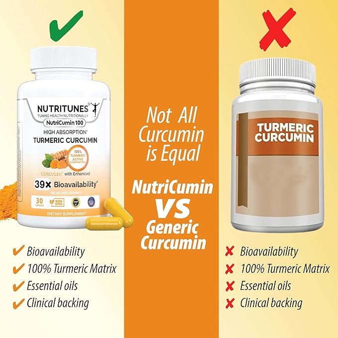 High Absorption Turmeric Curcumin Supplement –39X Enhanced bioavailability – 100% Turmeric Matrix – Vegan Non-GMO – 500mg – 30 NutriCumin 100 Capsules