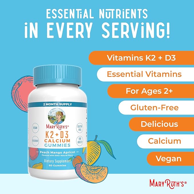 MaryRuth's Kids Magnesium Calm Gummies (Hibiscus) &amp Vitamin K2+D3 Gummies (Peach Mango &amp Apricot) | No Gelatin! | Vitamins for Sleep Bone Support &amp Overall Health | Vegan Non-GMO Glute