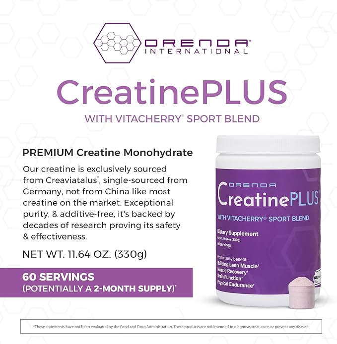 Orenda CreatinePLUS Powder - 60 Servings (2-Month Supply) - 5g Creavitalis® Creatine + VitaCherry® Sport - Recovery Strength &amp Brain Care - 11.64oz