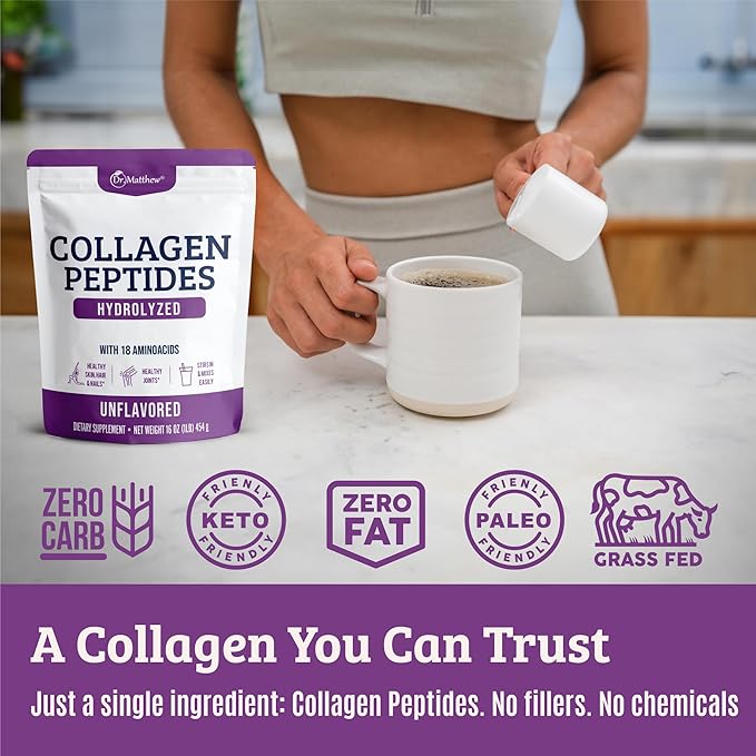 Dr. Matthew Hydrolyzed Collagen Peptides Powder - Unflavored &amp Grass Fed Protein Supplement for Hair Skin Joints - Non-GMO Keto-Friendly Type 1 and 3 for Women and Men