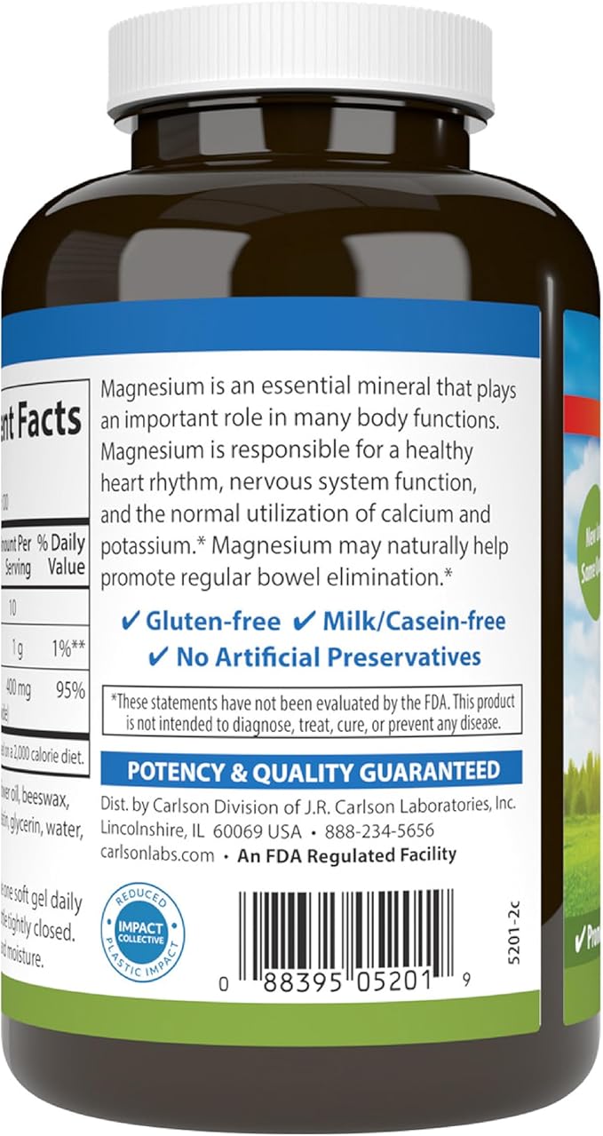 Carlson - Magnesium Gels 400 mg of Magnesium per Softgel Heart &amp Muscle Support Magnesium Gel Caps Bowel Function Magnesium Supplement 250 Softgels