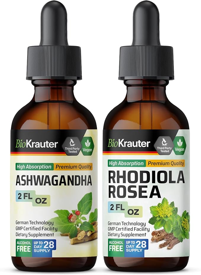 BIO KRAUTER Ashwagandha Tincture 2 Fl. Oz. &amp Rhodiola Rosea Tincture 2 Fl. Oz.