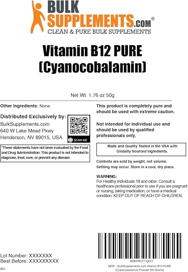 BulkSupplements.com Pure Vitamin B12 Powder - as Cyanocobalamin Vitamin B Supplements Cyanocobalamin B12 Supplement - Pure Product Multiple Servings 50g (1.8 oz) (Pack of 1)