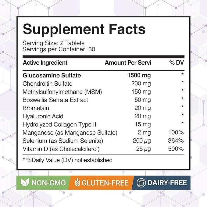 Glucosamine Chondroitin with MSM Bromelain Boswellia Collagen Hyaluronic Acid Selenium &amp Vitamin D – Dietary Supplement – 60 Tablets