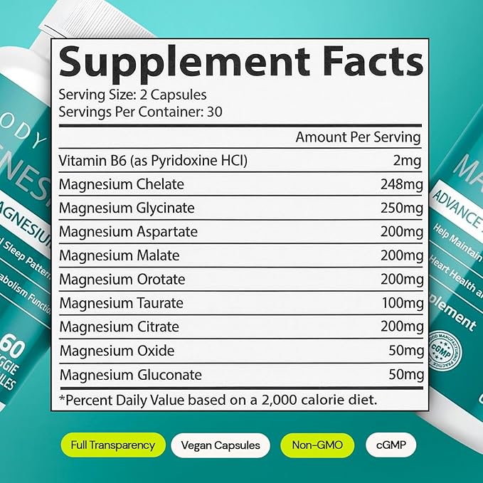 Body C.E.O. Magnesium 9 - Full-Spectrum Blend with Malate Citrate Glycinate Taurate Orotate &amp More - Supports Healthy Sleep Calm Muscle Relaxation &amp Focus - 60 Veggie Capsules