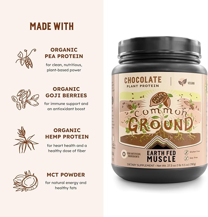 Earth Fed Muscle Common Ground Plant Protein – Chocolate Plant Protein Powder with MCT Powder with Soy &amp Gluten Free No Added Sugar - 30 Servings