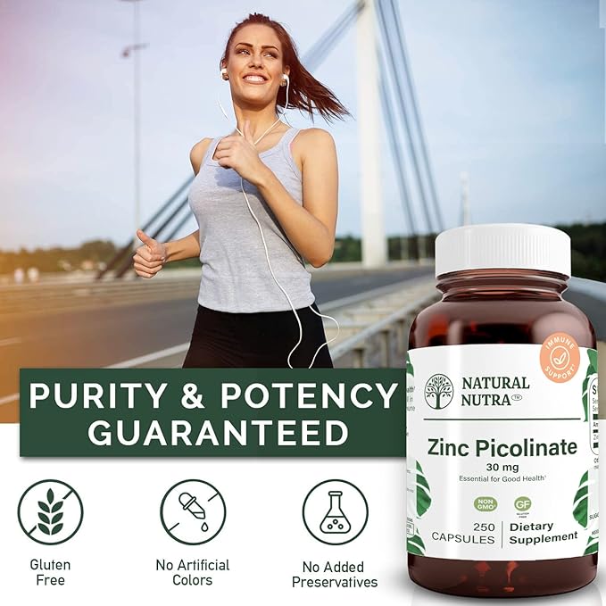 Natural Nutra Zinc Picolinate 30 mg Double Strength Raw and Pure Highly Bioavailable Supplement for Growth and Immune Support Helps Support Metabolic System Decrease Common Cold 250 Capsule