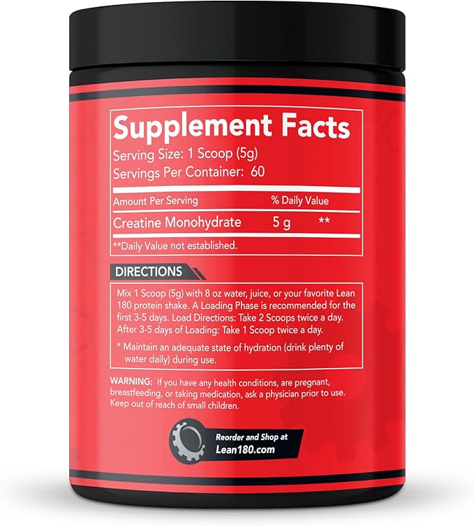 Lean 180 | Best Creatine Monohydrate Supplement | 100% Pure Powder | Improved Athletic Performance Muscle Recovery Brain Function | Gluten Free Lab Tested Unflavored - (60 Servings)
