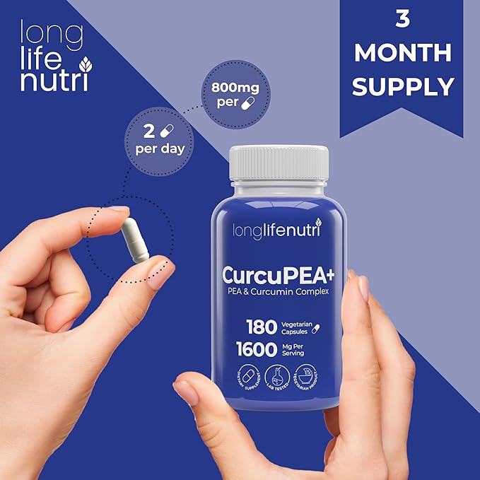 CurcuPEA+ (Palmitoylethanolamide + Turmeric Complex 600mg/1000mg) – Derived from Curcumin Longa 180 Vegetarian Capsules Natural Antioxidant 3-Month Supply GMP Certified Vegan Made in USA