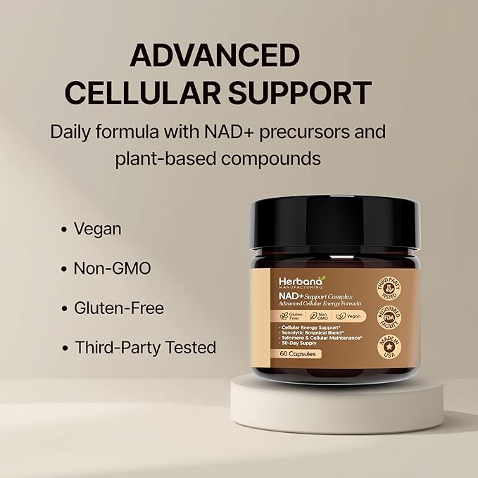 Herbana NAD+ Support Complex Advanced Cellular Energy Formula with Nicotinamide Riboside Trans-Resveratrol Quercetin 60 Capsules 30-Day Supply