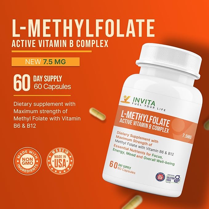 INVITA L-Methylfolate 7.5mg + Active Vitamin B Complex – 60 Capsules - 5-MTHF Supplement with Vitamin B6 &amp B12 Methylcobalamin for Mood Energy and Heart – Non-GMO Gluten Free 2-Month Supply