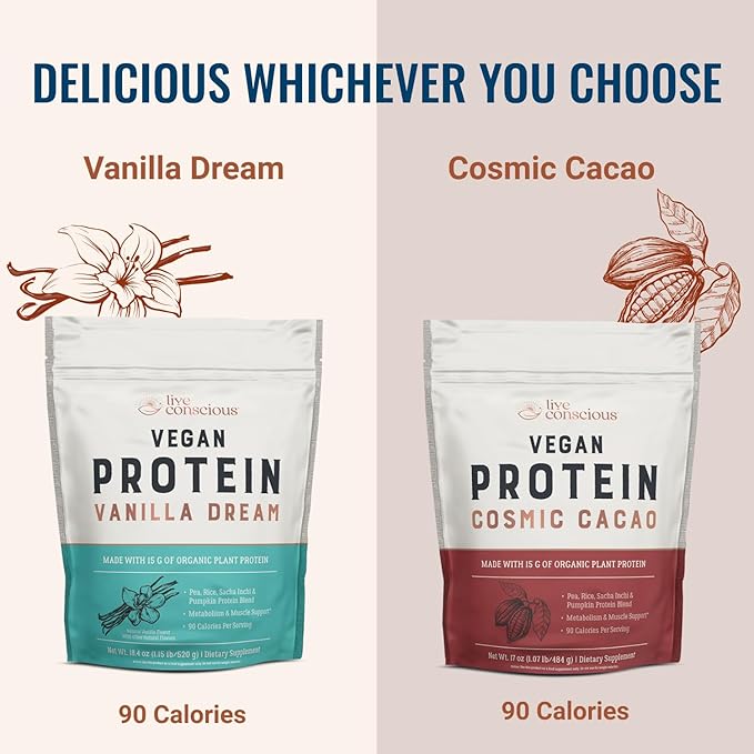 Live Conscious Vegan Pea Protein Powder - Vanilla Dream Flavor | Plant-Based Vegan Protein Blend - Pea Brown Rice Pumpkin Sacha Inchi | 20 Servings 18 oz