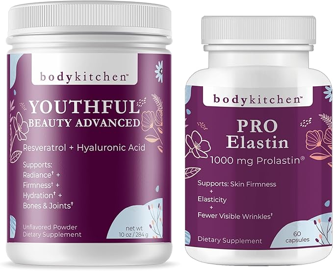 Body Kitchen Youthful Beauty Advanced Collagen Peptides Powder and Resveratrol and Hyaluronic Acid 10oz and Pro-Elastin Count of 60