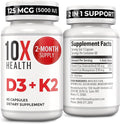 10X Health Vitamin D3 5000 IU &amp K2 MK7 - Menaquinone 7 High-Potency D3 K2 Vitamin Supplement for Bone Health Heart and Teeth - 125 mcg Vitamin D &amp 90 mcg Vitamin K2-60 Capsules