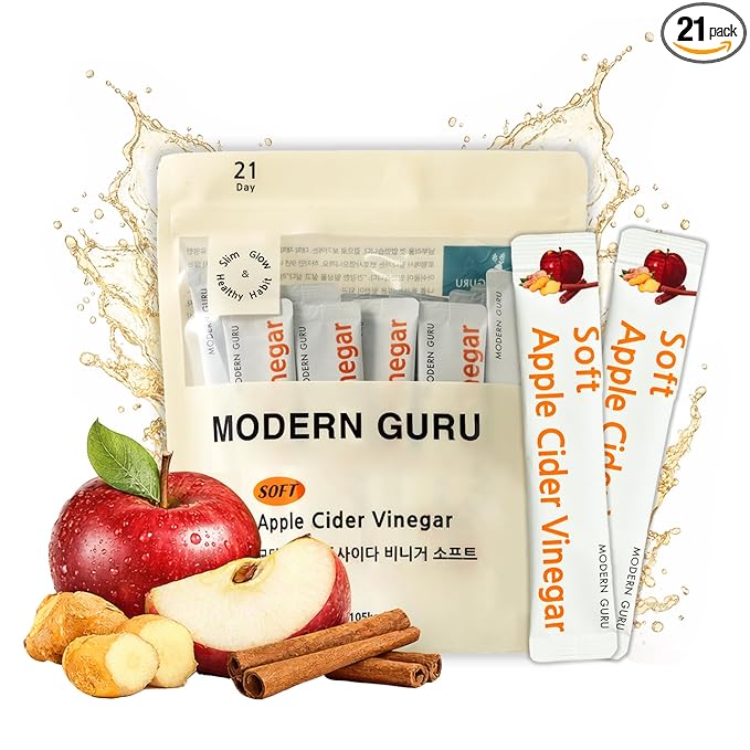 MODERN GURU Apple Cider Vinegar Packets with the Mother – ACV Drink Sticks | 93% ACV with Ginger &amp Cinnamon | Sugar-Free Supports Digestion &amp Detox Low-Calorie | Travel Size On-the-Go Packet