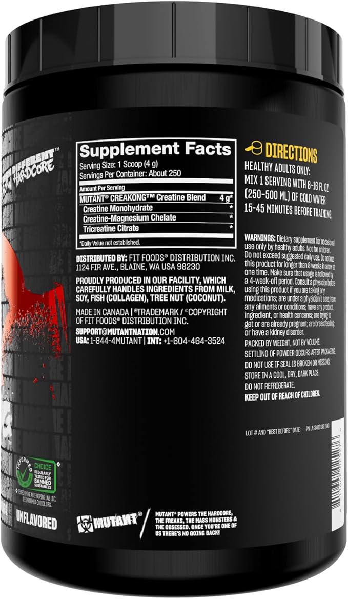 Mutant CREAKONG – Advanced Creatine Supplement with Triple Creatine Blend for Muscle Strength Size &amp Performance – Unflavoured Banned Substance Tested– 2.2 lbs