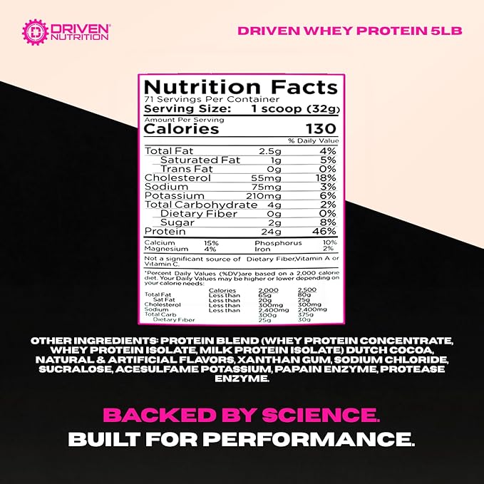 Driven WHEY- Grass Fed Whey Protein Powder: Delicious Clean Protein Shake- Improve Muscle Recovery with 23 Grams of Protein with Added BCAA and Digestive Enzymes (5 lb Creamy Vanilla)
