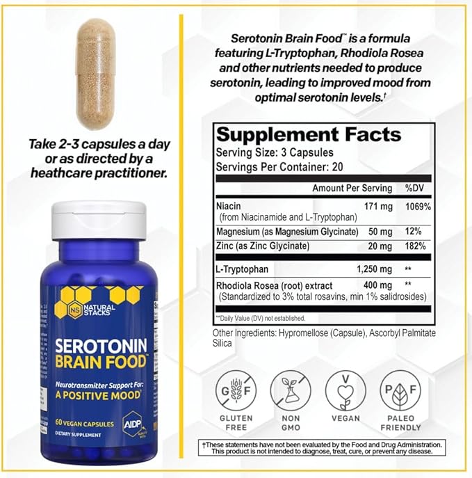 NATURAL STACKS Serotonin &amp GABA Brain Food Bundle - Supports a Positive Mood &amp Calmness* - 120 Total Capsules