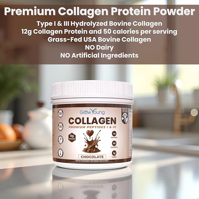 Grow Young Fitness Chocolate Collagen Protein - Promotes Skin Bones Joints Weight Loss Sugar Free (11 oz 20 Servings)