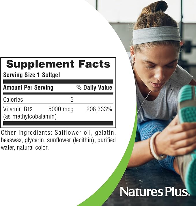 NaturesPlus Shot-O-B12 - 30 Softgels - 5000 mcg - Supports Energy &amp Immune Health - Gluten Free - 30 Servings
