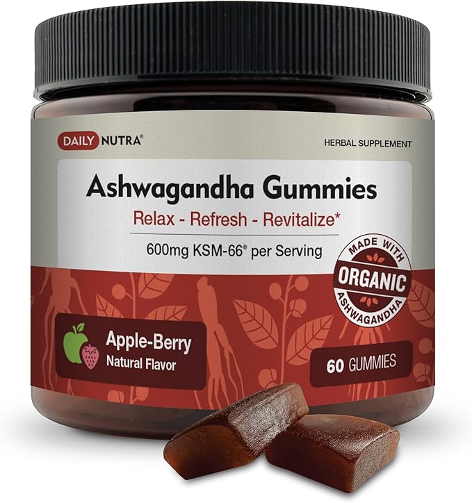 KSM-66 Ashwagandha Gummies - 600mg Organic Root Extract per Serving - Delicious Natural Apple-Berry Flavor | Supports Relaxation Focus &amp Energy (60 Gummies)