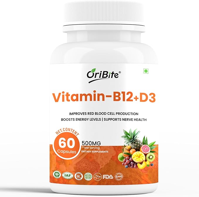 Vitamin B12 + D3 Supplement – Supports Red Blood Cell Formation Energy Levels Nerve Health &amp Immune Function | 500mg Per Serving | with Alfalfa &amp Spinach Powder | Vegan Capsules | 60 Count
