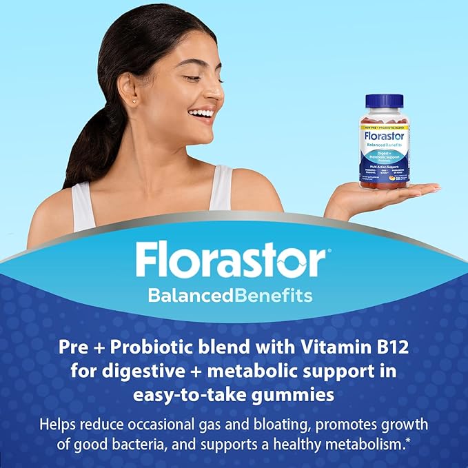 Florastor Prebiotic and Probiotic Gummies Digestive and Metabolic Support Probiotic Blend for Multi-Action Digestive Health Care with Vitamin B12 56 Gummies