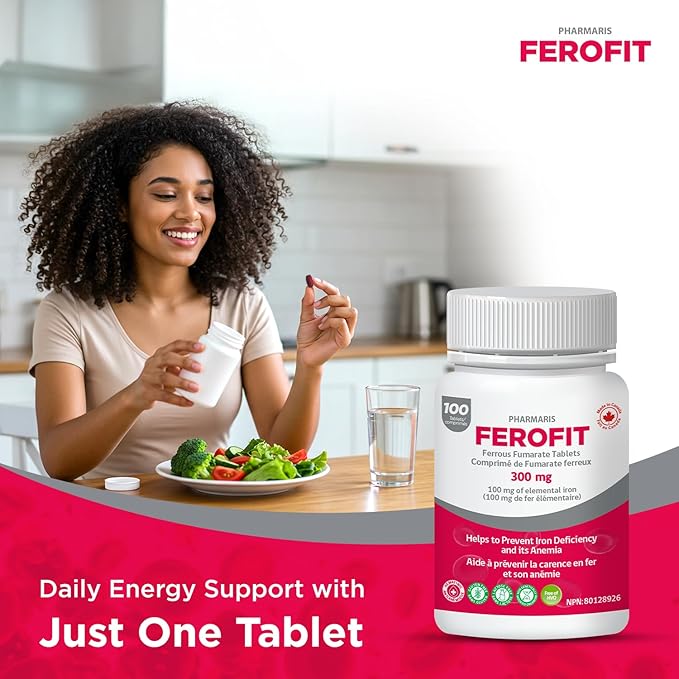 Ferofit - Ferrous Fumarate 300mg (100mg Elemental Iron) Prevents Anemia Due to Deficiency Iron Supplement for Women &amp Men 100 Tablets