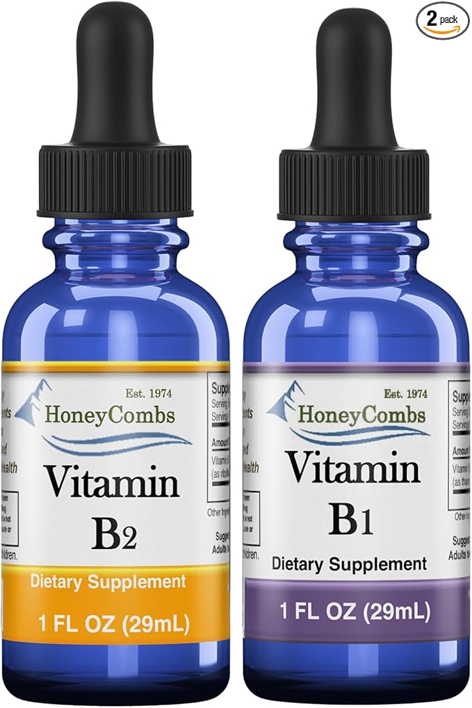 HoneyCombs High Potency Vitamin B1 (Thiamine) &amp B2 (Riboflavin) Drops – Vegan Non-GMO Alcohol-Free Liquid for Health Digestion Hair Skin &amp Nails