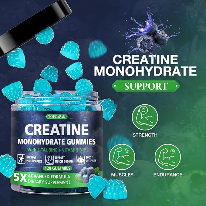 Creatine Gummies for Men &amp Women - Chewable Creatine Monohydrate Gummies with Taurine &amp Vitamin B12 5g Creatine per Serving Blueberry Flavor Raspberry-Shaped - 120 Count