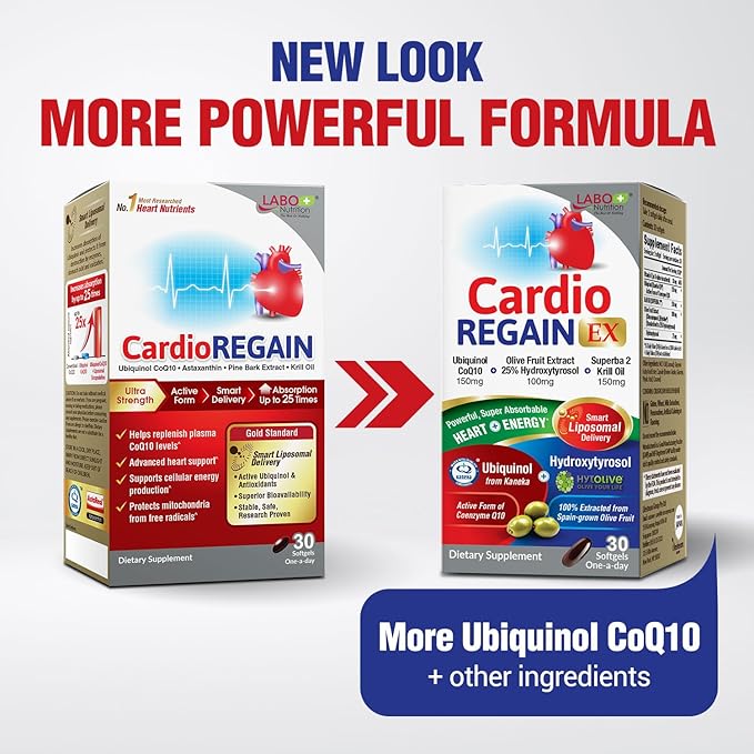 LABO Nutrition CardioREGAIN EX – Ubiquinol CoQ10 Supplement with Kaneka QH 150mg Olive Fruit Extract (25% Hydroxytyrosol) Krill Oil – Heart Cellular Energy Liposomal Absorption Non-GMO Soy-Free