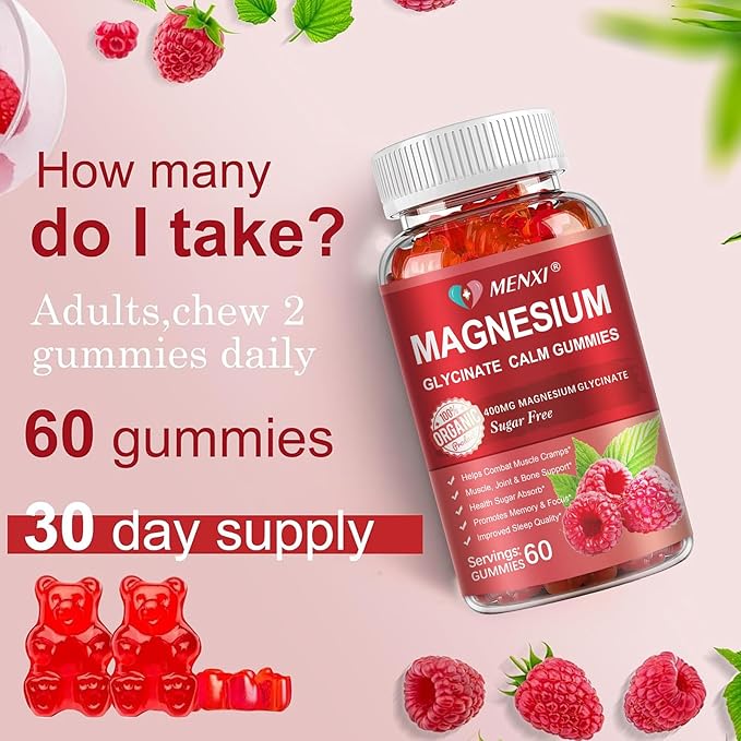 Magnesium Gummies 600mg per Serving-Magnesium Glycinate 400mg and Magnesium Malate 200mgSugar Free Magnesium Potassium Supplement for Calm Mood Muscle Bone &amp Energy Support120 Raspberry Gummie