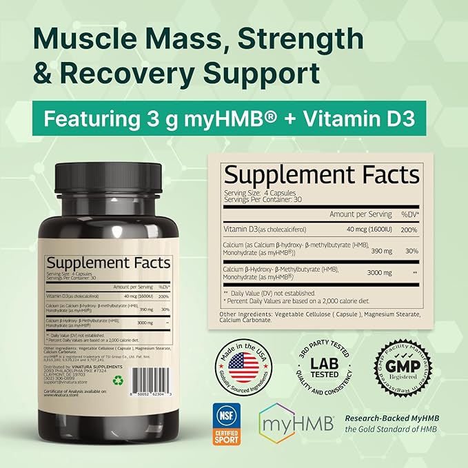 VINATURA HMB 3000mg and Vitamin D3 Supplement - HMB (Beta-Hydroxy Beta-Methylbutyrate) Vitamin D3 (1600 IU) Made in USA &amp NSF Certified for Sport - 120 Capsules