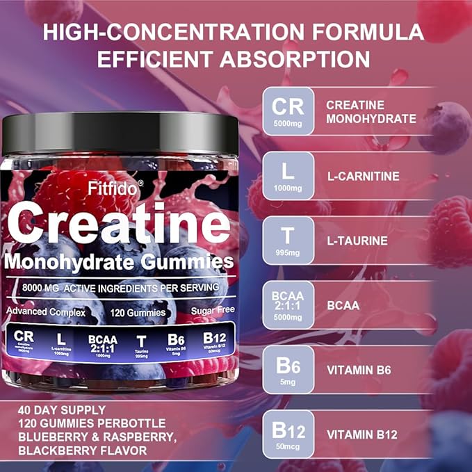 Creatine Monohydrate Gummies Complex 8000mg for Men and Women Containing L-carnitine &amp Taurine Build Muscle Boost Energy Faster Recovery Sugar Free &amp Vegan Raspberry &amp Blackberry 12