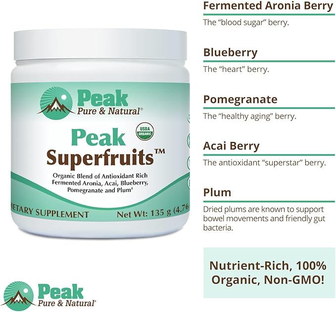Peak Organic Superfruits - Polyphenol Rich Superfood Powder - Non-GMO Fermented Aronia Berry Acai Blueberry Pomegranate and Plum - Aging Metabolic Health Heart Health (30 Servings)
