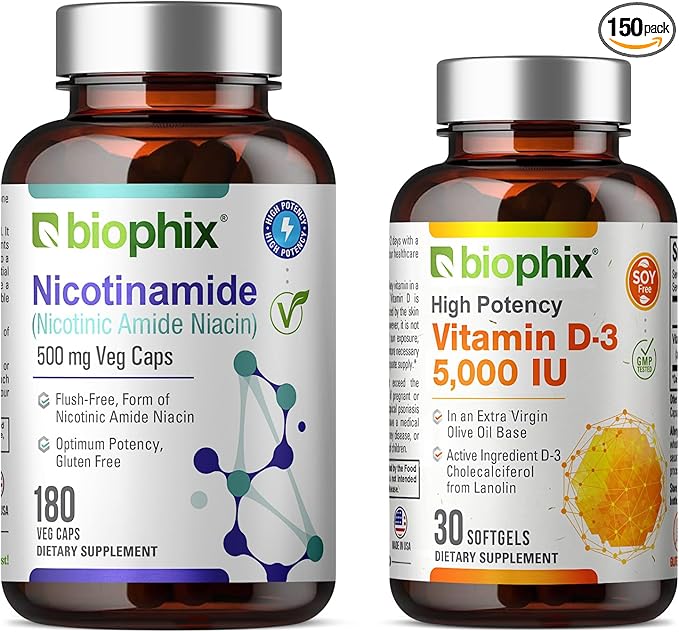 biophix B-3 Nicotinamide 500 mg 180 Vcaps Plus Free Vitamin D-3 5000 IU 30 Softgels - Nicotinic Amide Niacin Natural Flush-Free Vitamin Formula - Supports Skin Cell Health