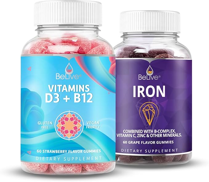 BeLive Iron and Vitamins D3 B12 Bundle for Energy Blood Oxygen Inmune Support and Enhanced Bone and &amp Muscle Strength