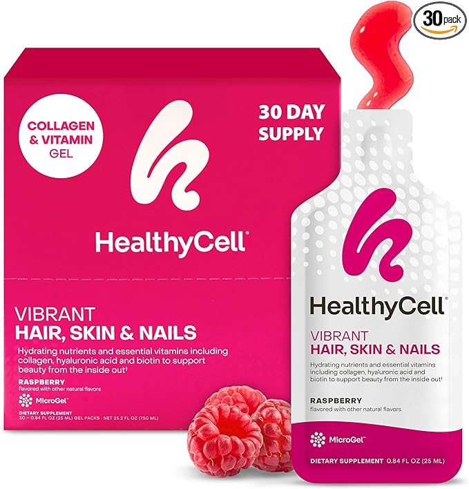 Healthycell Vibrant Hair Skin &amp Nails Daily Liquid Supplement - Beauty Supplements with Hydrating Nutrients &amp Essential Vitamins - Collagen Biotin &amp Hyaluronic Acid - 30 Gel Packs