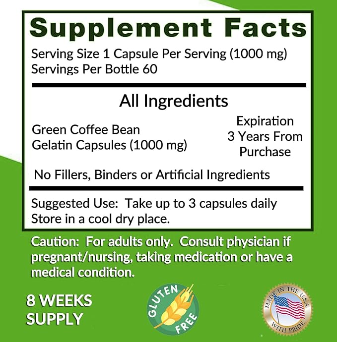 Green Coffee Bean Extract 100% Pure Green Coffee Bean Capsules 50% Chlorogenic Acid 1000 mg Strength 240 Capsules 8 Month Supply Non-GMO and Gluten Free Traditional Herbal Supplement