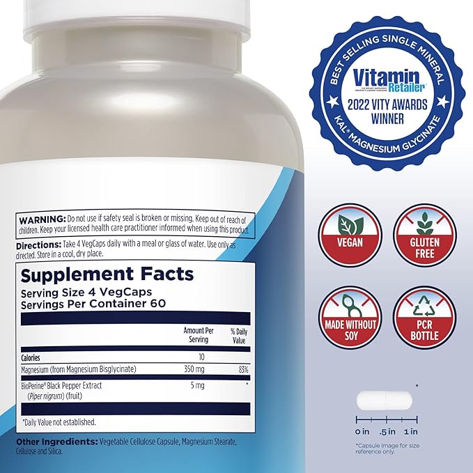 KAL Magnesium Glycinate New &amp Improved Fully Chelated High Absorption Formula with BioPerine Bisglycinate Chelate for Stress Relaxation Muscle &amp Bone Health Support 60 Servings 240 VegCa