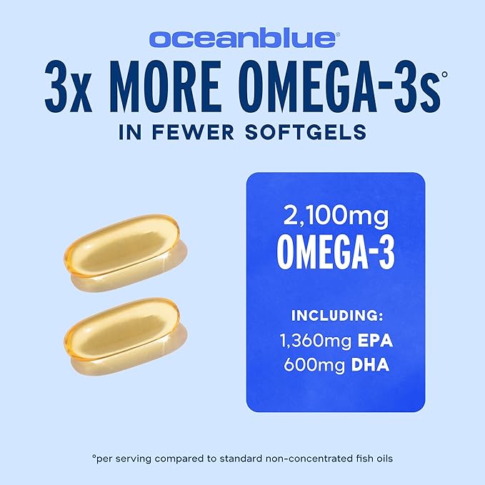 Oceanblue Professional Omega-3 2100mg Fish Oil Supplement Triple Strength High Potency EPA DHA &amp DPA Burpless Wild-Caught Natural Orange Flavor 120 Count Softgels (Pack of 2)