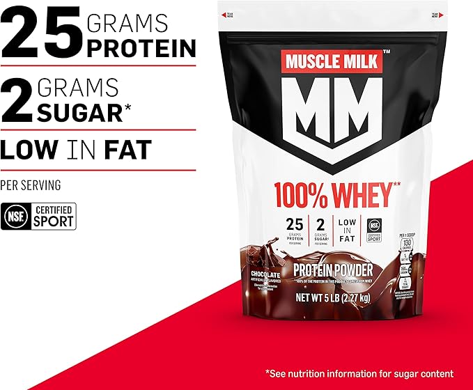 Muscle Milk 100% Whey Protein Powder Vanilla 5 Pound 68 Servings 25g Protein 2g Sugar Low in Fat NSF Certified for Sport Energizing Snack Workout Recovery Packaging May Vary